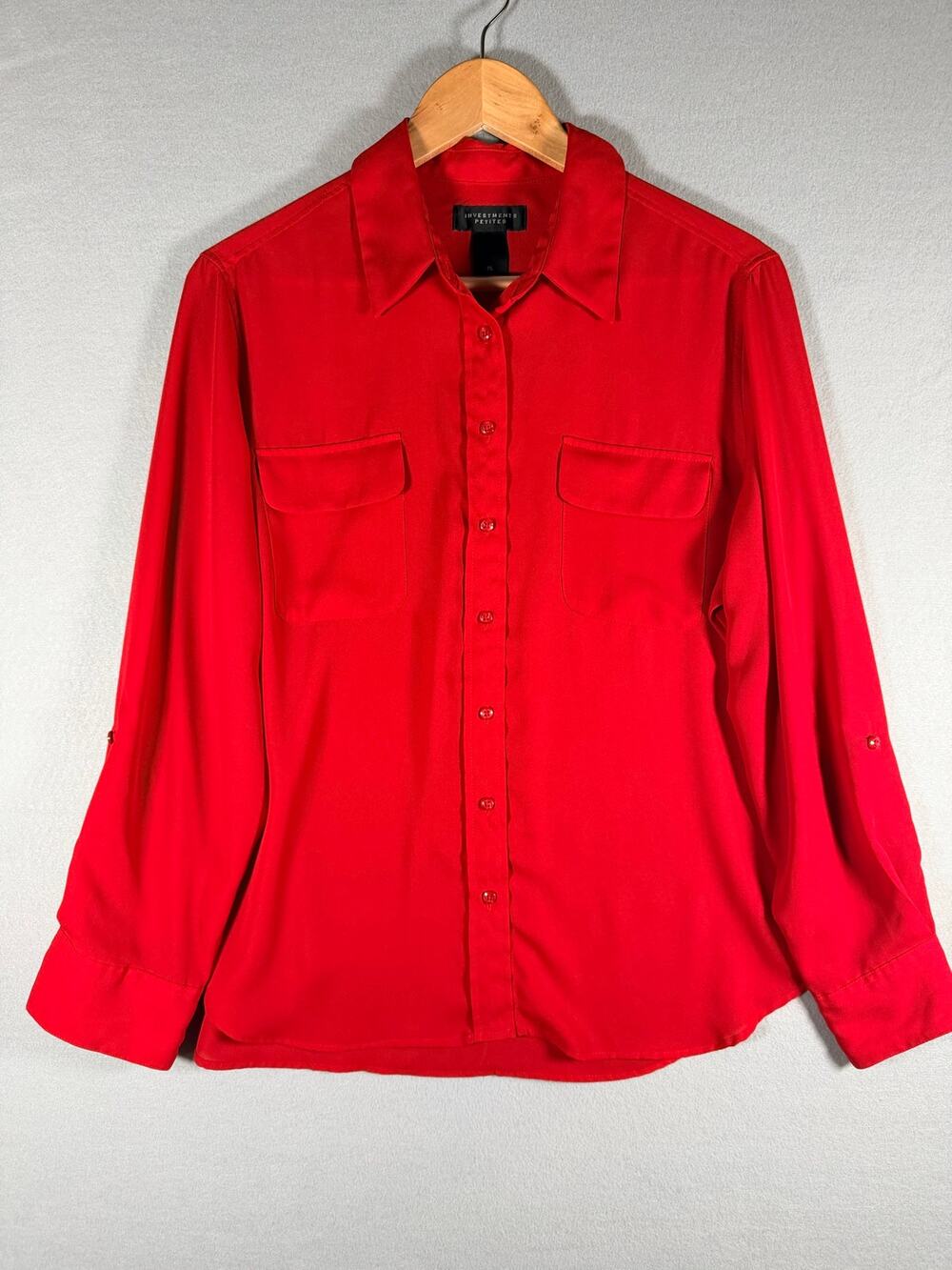 Investments Petites Womens Button Up Shirt Size PL Red Roll Tab Sleeve #492